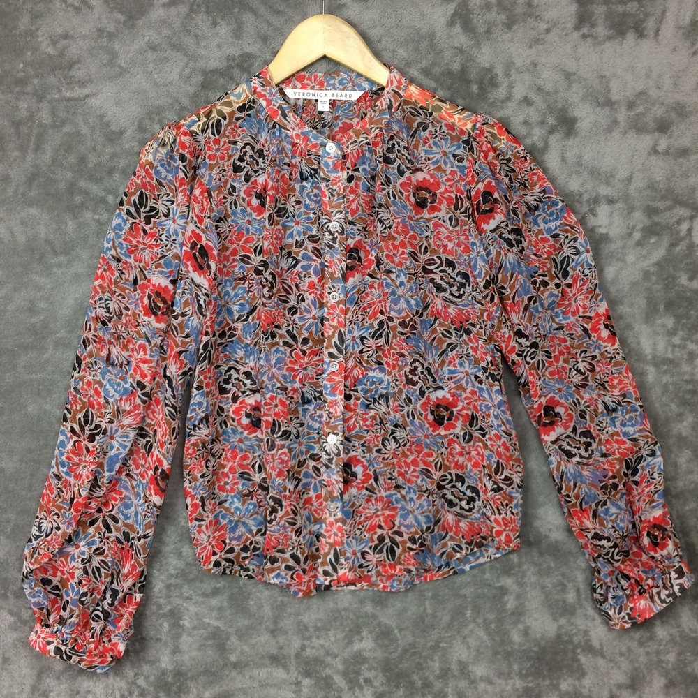 Veronica Beard Blouse Womens 6 Floral Button Up Balloon Long Sleeve Orange READ